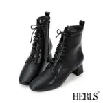 【HERLS】短靴-馬甲綁帶橢圓頭皮革粗跟短靴(黑色)