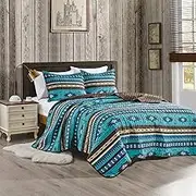 Jaba 3-Piece Fine Printed Oversize King Size Quilt Set, All-Season Bedspread Native American Tribal Navajo Pattern Coverlet with Pillow Shams Bed Cover (Turquoise Blue, Brown, Khaki, Southwestern)