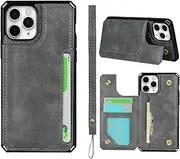 Cavor for iPhone 11 Pro Max Case,Leather Stand Cover Card Slots Back Case with Buttons Closure & Wristlet Strap Compartment for iPhone 11 Pro Max(6.5")-Gray