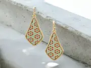 Geometric Printed Wood Moroccan Lozenge Shaped Earrings ~ NEW!