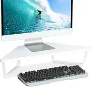 TEAMIX 26 inch White Triangle Monitor Stand Riser, Desktop Corner Shelf with Metal Leg Wood Computer Stand with Storage Laptop Riser Office Organization