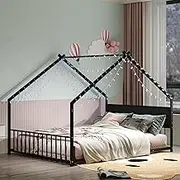 KEIKI Full Size Floor Bed with Colorful Lights, Metal House Bed Frame with Slats and Legs for Boy & Girls, No Box Spring Needed (Black)
