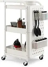 Costway 3-Tier Rolling Cart, Storage Trolley Organizer w/DIY Dual Pegboards, 2 Baskets, 4 Removable Hooks, Mobile Metal Utility Cart on Wheels, Serving Cart for Kitchen, Office, Garage (White)