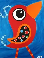 Sale! ACEO size original signed whimsical art card painting "Red Bird Stroll"
