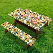 Sunflower Picnic Table Cover with Bench Covers Autumn Outdoor Camping Tablecloth Water and Oil Repellent Elastic Waterproof Picnic Table Cover 3 Piece Set for 6 Foot Tables