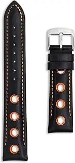 [Buckle & Stitch] Leather Rally Sport Watch Strap | Black with Orange Red Yellow White Holes | 20mm 22mm 24mm | Perforated Racing Band with Silver Buckle Replacement for Men Women | Spring Bars and Tool Included