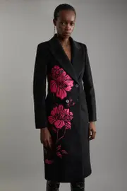 Wool Blend Satin Applique Embellished Double Breasted Tailored Midi Coat