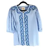 Emily McCarthy Womens New Proper Top Embroidered Skyway Geometic Blue L
