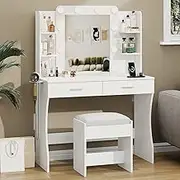 Lumoti Vanity Desk Set with Mirror and Lights, 3 Modes & Adjustable Brightness, Makeup Vanity Table with Power Outlet and 2 Drawers & Stool, White Makeup Dressing Table for Bedroom