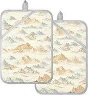 Kitchen Pot Holders Heat Resistant Cartoon Mountain Beige Potholder with Pocket Hot Pads for Kitchen Oven Mitts 2 Pack
