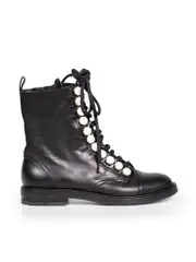 Black Leather Faux Pearl Combat Boots