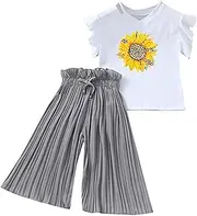 [Generic] Summer New (4 14Y) Girls Letter Flying Sleeve Top Ten Wide Leg Pants Two Set 3 Month Baby Swing 2PC Set (Grey, 11-12 Years)