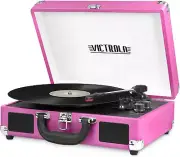 Vintage 3-Speed Bluetooth Portable Suitcase Record Player with Built-In