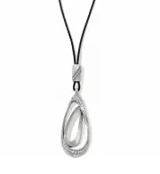 NWT Brighton LUXE LOOP Long Silver Necklace Crystals Black Leather Cord W/pouch