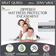 Split Queen Mattress Encasement 30" x 80" (2PCs) - Waterproof Zippered Protector Hypoallergenic Premium Quality Cover for Adjustable Beds and Split Mattresses (11"-16" Depth)