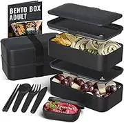 Bentoheaven Premium Bento Box Adult Lunch Box with 2 Compartments (1200ml), Cutlery & Set of Chopsticks, Large Dip Container, Cute Black Japanese Bento Box, Rectangle, Microwavable (Outer Space)