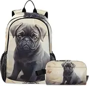 [XYMZR] Pugdog Sitting Backpack with Lunch Box Book Bag Daypack Shoulder Bag with Insulated Lunch Bags for Women Men Travel Laptop Daypack 18.5 x 11.8 In, Multi-colored, One Size, Daypack Backpacks