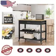 Modern Multi-Function Rolling Side Table with Drawers & Open Shelves for Kitchen