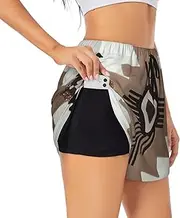 [WURTON] Native American Print Exercise Gym Workout Shorts Women's Athletic Shorts Dual-Layered Yoga Running Shorts