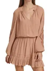 $465 Ramy Brook Mini Dress Emmett Ruffle Long Sleeve Beige Tan Women Size S NWT