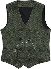 [HEYDHSDC] Men Vests Suit Tweed Wool Double-Breasted Waistcoat Brown Black For Groomsman Wedding Army En8 M