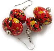 [Avalaya] Red/Yellow/Black Colour Fusion Wooden Double Bead Chunky Drop Earrings/55mm Long, One Size, Wood
