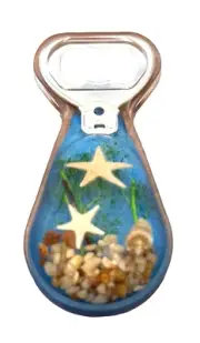 Bottle Opener with Sea Life Theme- Starfish- shell pebbles plants -lucite- blue
