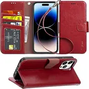 Arae Compatible with iPhone 14 Pro Wallet Case with Card Holder and Wrist Strap Wallet Flip Cover for iPhone 14 Pro 6.1inch, Wine Red
