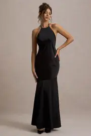 Frida | Black Satin Halter-Neck Backless Maxi Dress