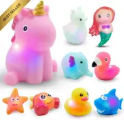 9PCS LED Light Up Unicorn Bath Toys Floating Colorful Rubber Shower Toys Baby