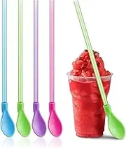 4PCS Plastic Straws with Spoon, 9.3-Inch Reusable Hard Straw, Stirring Spoon for Coffee Smoothie Milkshake Ice Cream