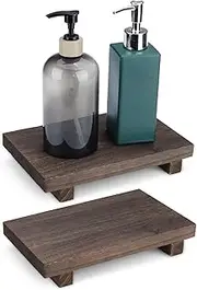 BELEFU 2 Pack Rectangle Wood Bathroom Tray for Sink, 9" x 5.9" Farmhouse Wooden Pedestal Stand, Decorative Vanity Wood Risers Soap Dispenser Tray Holder for Kitchen Counter Decor Display Dark Brown