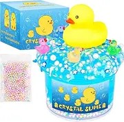 Blue Crystal Slime with Cute Yellow Ducks & Beads – Soft, Non-Sticky Sensory Toy with Foam Beads for Kids & Teens – Stress Relief & DIY Gift for Girls and Boys