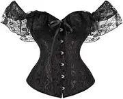 [FAWENLI] Fashion Women'S Corset Top Sexy Steampunk Halloween Black Lace Corset For Women Overbust Palace Off Shoulder C