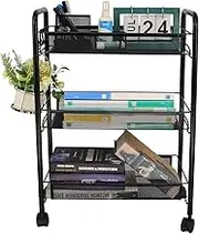 Ovicar Mesh Utility Cart, Rolling Basket Stand for Kitchen & Bathroom, Full Metal Storage Art Trolley Carts with Wheels & 4 Side Hooks (3 Tier, Black)