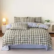 Green Plaid Pattern Duvet Cover,Geometric Stripe Bedding Set Soft Comfy Gray Lining Comforter Cover King Size Bedroom Decor for Kids Teen Boys Girls,King(245x210cm)