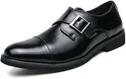[HuitJours] Men Classic Monk Strap Loafer Shoes Brogues Wing Tips Patchwork Two Tone Color Matching Punched Metal Dress Shoes