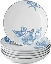 Minh Long Porcelain Plates Set of 6, Blue and White Dinner Plate,9 Inch Deep Salad Dishes Set,Coastal and Nautical Dessert Plates Ceramic, Beach Themed Kitchen Decorations, Plate Gifts for Mom Dad