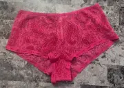 VICTORIA'S SECRET L PINK RED PAISLEY PLEAT LACE VINTAGE RARE BOYSHORT PANTIES