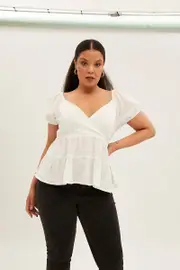 White Wrap Top Short Sleeve Peplum Top