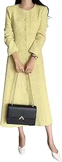 [Chartou] Women Tweed Dress Long Sleeve Single Breast Elegant Lady Long Tweed Blazer Dress