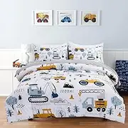 Holawakaka Trucks Tractors Cars Boys 5-Piece Bedding Comforter Sheet Set,Full Size Cartoon Construction Car Excavator Print Kids Bed in A Bag, Excavator Mixer Truck Printed Bed Sets (White Full)