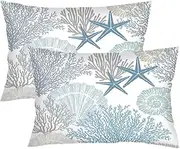 Beach Theme Throw Pillow Cover Queen Size Set of 2,Nautical Blue Coral Starfish Ocean Marine Coastal,Lumbar Pillow Case Standard Pillow Cases with Zipper Decorative Cushion Covers,20"x30",Teal Blue