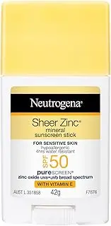 Neutrogena Sheer Zinc Mineral Sunscreen Stick SPF 50 42g|Provides high sun protection|quick, no mess, handsfree, on-the-go application|4hr water resistance|Suitable for sensitive skin