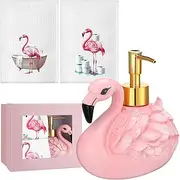 Teenyyou 4 Pcs Flamingo Soap Dispenser Bathroom Accessories Soap Dispenser Lotion Pump and Flamingo Hand Towels with Gift Box Set for Home Bath Kitchen Decoration