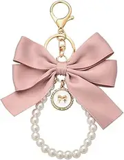 [Kilener] Bow Keychain Wristlet Keychain for Women Girls Pearl Key Chains for Car Keys Purse Charms for Handbags Backpack Accessories for Women Bow Pearl Keychain