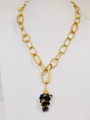 Vintage Matte Gold Link Crystal Cluster Pendant Necklace 17”