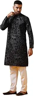 [Sojanya] (Since 1958 Men'S Cotton Silk Kantha Thread Embroidered Kurta With White Pyjama