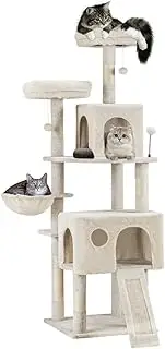 Petzly Cat Tree, 164CM Tall Cat Tree Tower for Large/Big Cats, Climbing Cat Tower Multi-Level Furniture Activity Center with Hammock, 2 Cat Condos and 5 Sisal Scratching Posts, Beige