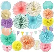 Pastel Rainbow Party-Decorations Paper Lanterns - 20pcs Pink Yellow Blue Classroom Ceiling Fans,Girl Birthday Tissue Pom Poms,Honeycomb Balls,Bunting,Baby Shower Bridal Wedding Decor Burgleda